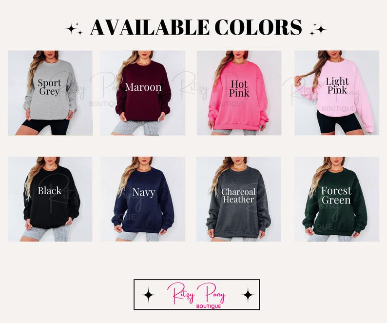 Pu&ograve; includere: Un'immagine che mostra una selezione di felpe girocollo in vari colori. I colori disponibili sono Grigio Sport, Borgogna, Rosa acceso, Rosa chiaro, Nero, Blu navy, Grigio antracite e Verde foresta. Il testo "AVAILABLE COLORS" &egrave; in alto.