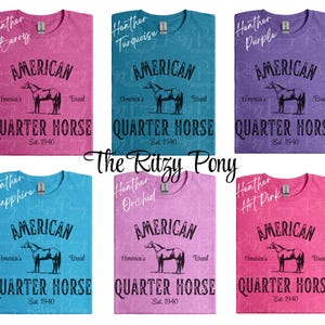May include: Six heather-colored t-shirts with the text "American Quarter Horse" and a horse graphic. Colors include berry, turquoise, purple, sapphire, orchid, and hot pink. The shirts are a crew neck style.