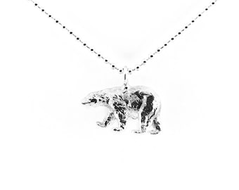Walking polar bear silver pendant necklace