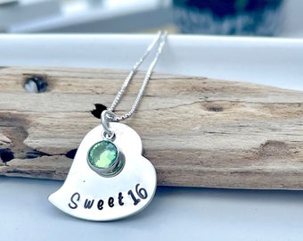 Sweet 16 Necklace Sterling Silver Birthstone Necklace Heart Pendant Birthday Gift for Her, Teen Gift, Sweet Sixteen Jewelry Handstamped