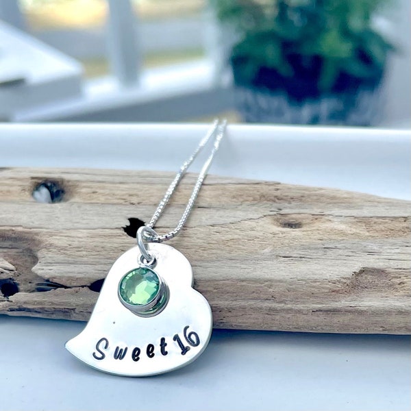 Sweet 16 Necklace Sterling Silver Birthstone Necklace Heart Pendant Birthday Gift for Her, Teen Gift, Sweet Sixteen Jewelry Handstamped