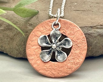 Boho Mixed Metal Flower Necklace for Mothers Day, Copper and Silver Pendant, Plumeria Charm, Sterling Silver Jewelry, Gift for Her