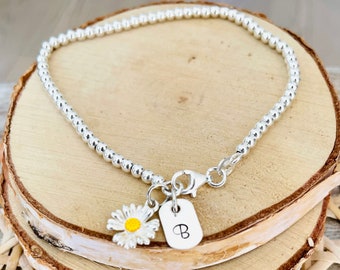 Personalized Sterling Silver Daisy Beaded Bracelet/Stacking Bracelet/Dainty Flower Pendant