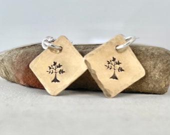 Tree of Life Dangle Earrings, Gold and Silver Earrings, Dainty Hand Stamped Earrings, Nature Gift, Diagonal Square Earrings, Golden Earring