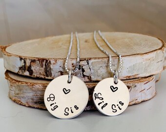 Sister Gift, Sister Necklace, Matching Necklace Set, New Sister Gift, Big Sis Little Sis Necklace, Hand Stamp Big Sister Lil Sister Jewelry,