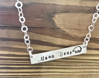 Mama Bear Necklace-Bar Necklace-Sterling Silver Necklace-Personalized Gift for Mom-Mother's Necklace-New Mom Necklace-Gift for Her-Silver-