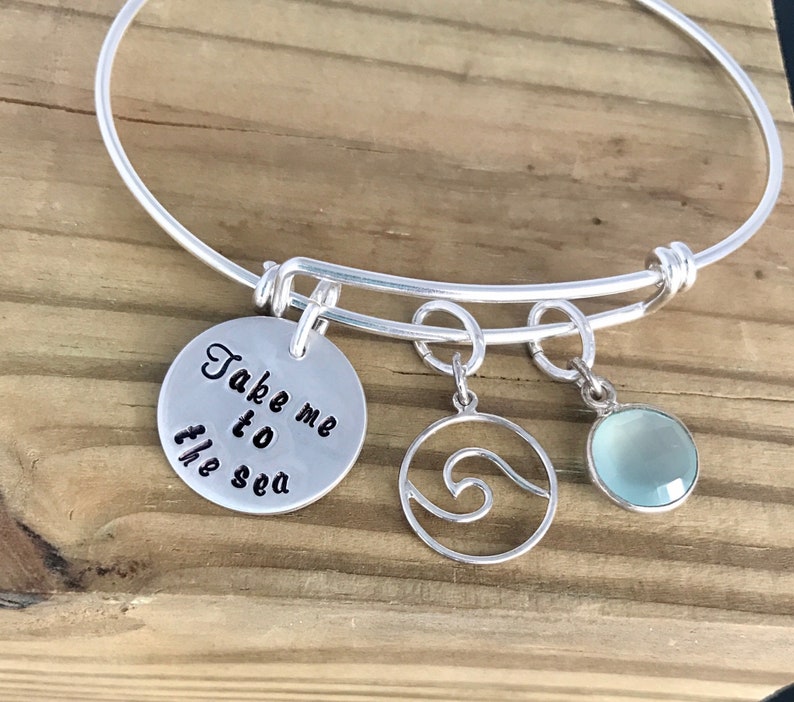 Summer Bracelet Sterling Silver Adjustable Bracelet Wave Charm Beach Bangle Charm Bracelet for Her Ocean Blue Stone Sea Lover Gift