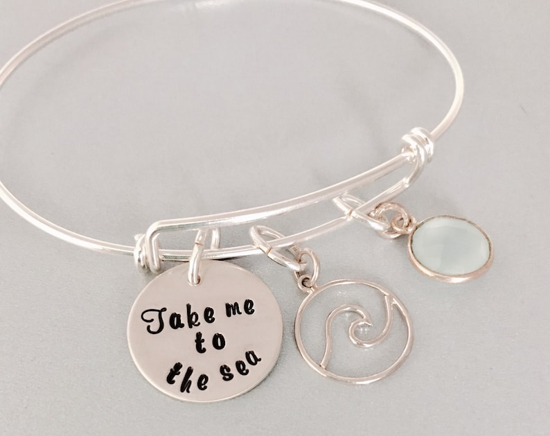 Summer Bracelet Sterling Silver Adjustable Bracelet Wave Charm Beach Bangle Charm Bracelet for Her Ocean Blue Stone Sea Lover Gift