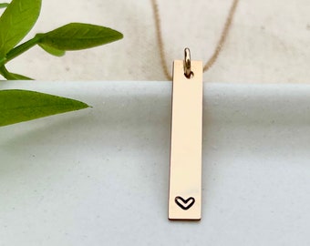 Personalized Dainty 14k Gold Filled Vertical Bar Necklace, Hand Stamped Monogram Jewelry, Heart Necklace, Rectangle Necklace for Women