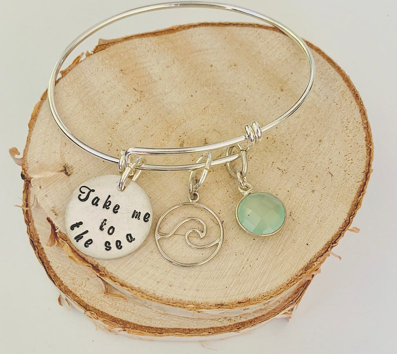Summer Bracelet Sterling Silver Adjustable Bracelet Wave Charm Beach Bangle Charm Bracelet for Her Ocean Blue Stone Sea Lover Gift