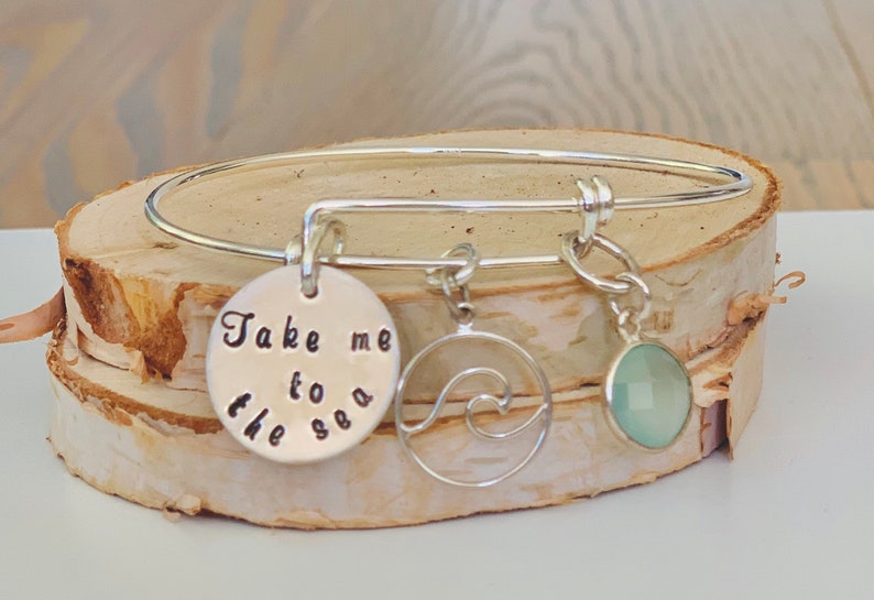 Summer Bracelet Sterling Silver Adjustable Bracelet Wave Charm Beach Bangle Charm Bracelet for Her Ocean Blue Stone Sea Lover Gift