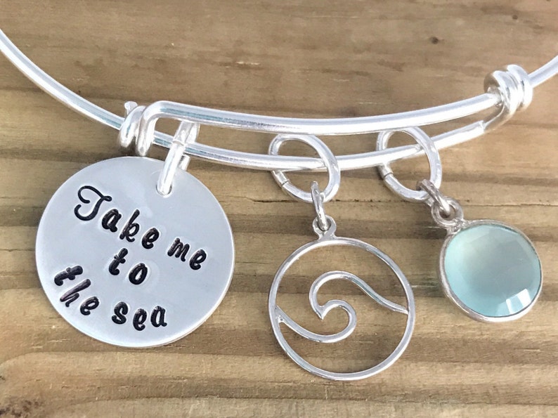 Summer Bracelet Sterling Silver Adjustable Bracelet Wave Charm Beach Bangle Charm Bracelet for Her Ocean Blue Stone Sea Lover Gift