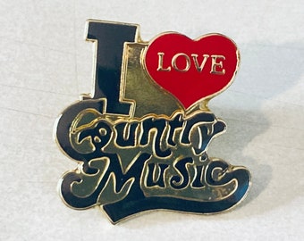 Vintage I LOVE COUNTRY MUSIC Pin, Enamel Pin, Lapel, Hat, Pinback, Music, Guitar, Bluegrass, Nashville, Banjo, 70s