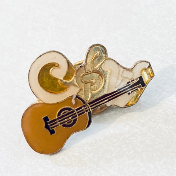 Vintage  Acoustic Guitar Pin, C & W, Enamel Pin, Lapel, Hat, Pinback, Music, Nashville, Banjo, 70s, 80s, Country Western