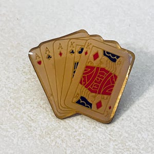 Broche de lapela vintage Full House, broche de esmalte, broche traseiro, broche de chapéu, anos 70, jogos de azar, pôquer, blackjack, Las Vegas, cassino, baralho de cartas