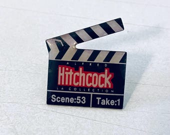 Vintage ALFRED HITCHCOCK Clapboard Lapel Pin, Enamel Pin, Pin back, Hat Pin, Film, Suspense, Psycho, Vertigo, The Birds
