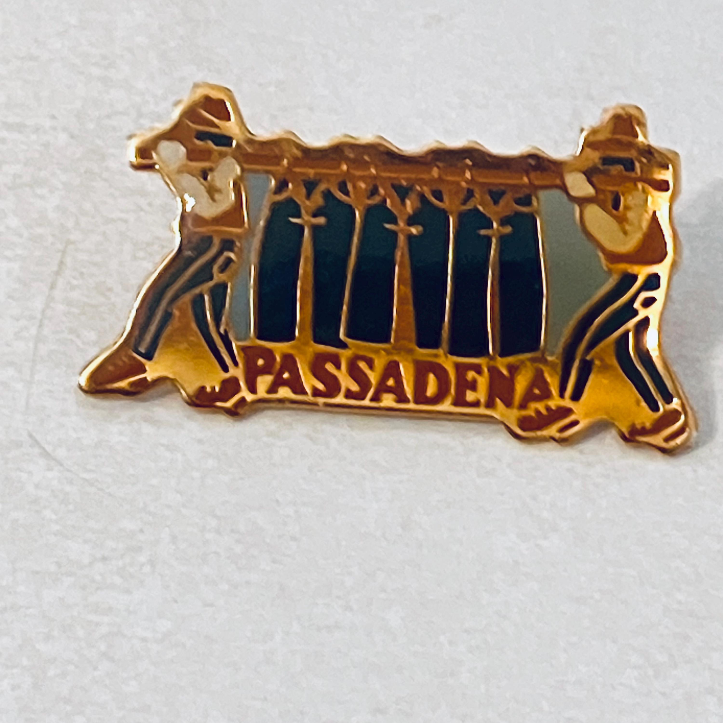 Vintage PASADENA CALIFORNIA Lapel Pin, Enamel, Pinback, Hat Pin, Rose Bowl, 80s, Denim