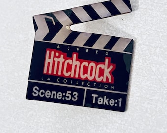 Vintage ALFRED HITCHCOCK Clapboard Lapel Pin, Enamel Pin, Pin back, Hat Pin, Film, Suspense, Psycho, Vertigo, The Birds