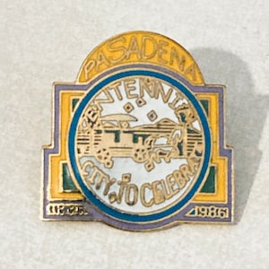 Vintage PASADENA CALIFORNIA 1986 Centennial Lapel Pin, Enamel, Pinback, Hat Pin, Rose Bowl, 80s, Denim