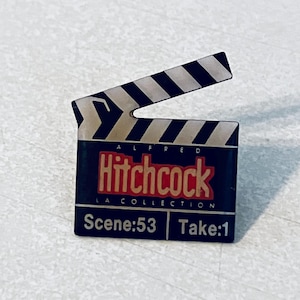 Vintage ALFRED HITCHCOCK Clapboard Lapel Pin, Enamel Pin, Pin back, Hat Pin, Film, Suspense, Psycho, Vertigo, The Birds