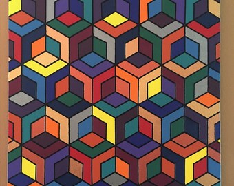 Hexagons vs Cubes Modern Geometric Original Abstract Acrylic Art Painting on stretched canvas, 20" x 20" by The Violet Shamrock