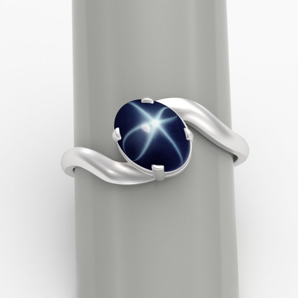 Genuine Blue Star Sapphire Ring Sterling Silver 925 / Bypass-Style