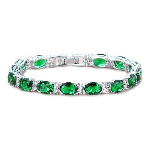 Emerald Bracelet White Gold-Filled / Emerald Tennis Bracelet With Diamond Accents