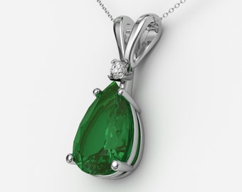 Emerald Necklace Sterling Silver / 925 Silver Emerald Pear-Shaped Pendant for Women