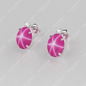 Pink Star Ruby Stud Earrings 925 Sterling Silver For Women / Gift for Her