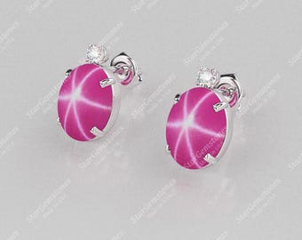 Pink Star Ruby Stud Earrings 925 Sterling Silver For Women / Gift for Her