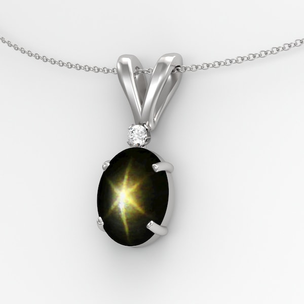 Genuine Black Star Sapphire Necklace Sterling Silver / 925 Silver Star Sapphire Cabochon Pendant for Women