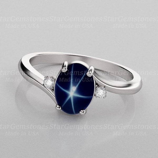 Bague saphir étoilé avec rehauts de saphirs blancs en argent sterling 925 - Fabriquée à la main aux États-Unis