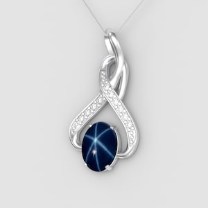 Genuine Blue Star Sapphire and Topaz Accents Necklace Sterling Silver 925 Infinity-Style / Oval-Shaped