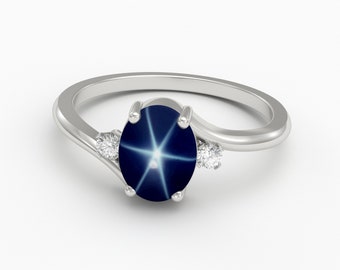 Genuine Blue Star Sapphire Ring 925 Sterling Silver / Blue Star Sapphire Ring for Women