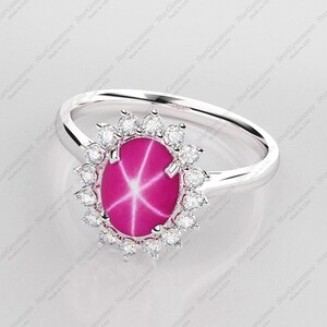 Star Ruby 925 Sterling Silver Ring For Women/ Halo Style / White Sapphire Accents