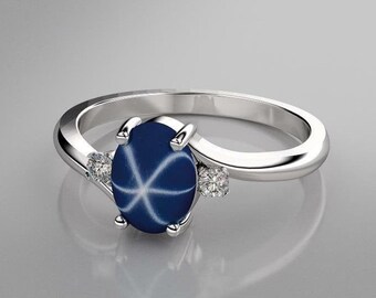 Cornflower Star Sapphire Ring Sterling Silver / Blue Star Sapphire Ring