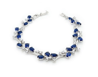 Blue Sapphire Bracelet 14K White Gold-Filled / Blue Sapphire Tennis Bracelet for Women / Gift for Her