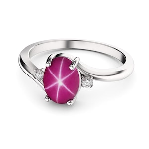 Star Ruby Ring 925 Sterling Silver / White Sapphire Accents