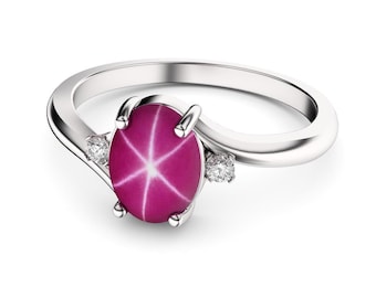 Star Ruby Ring 925 Sterling Silver / White Sapphire Accents