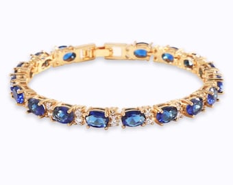 Bracelet Saphir Bleu Gold-Filled 14K Jaune / Bracelet Tennis Saphir Bleu