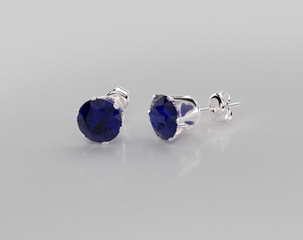 Blue Sapphire Stud Earrings Sterling Silver / September Birthstone Studs