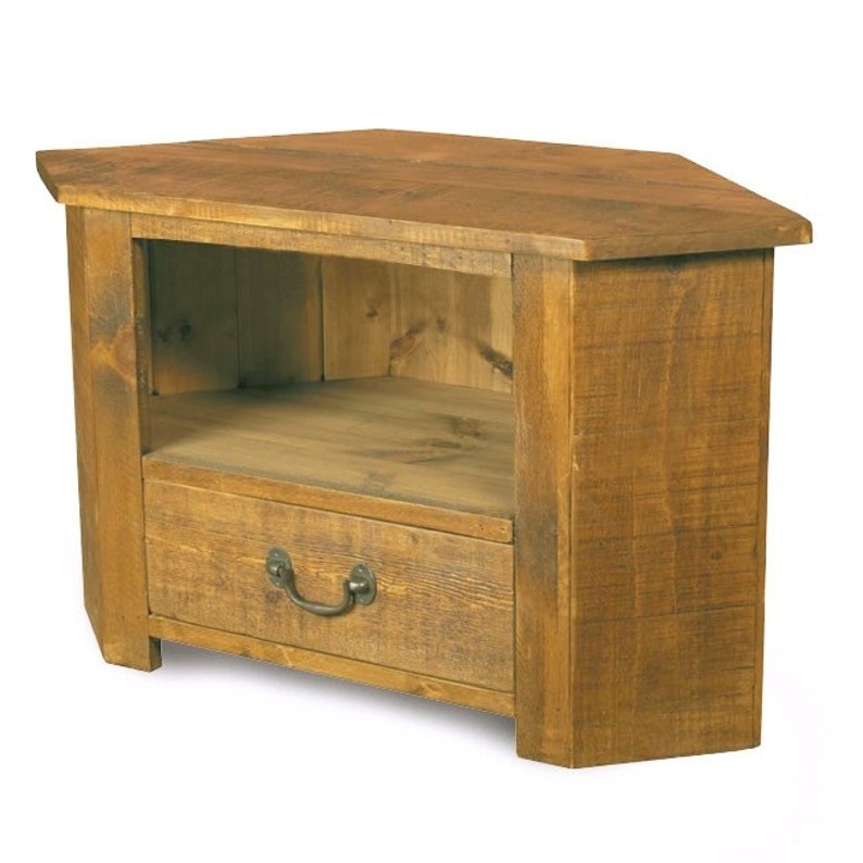 Rustic Plank Furniture New Real Solid Wood Corner Tv Cabinet Stand Entertainment Unit With Dvd Drawer Pine Sawn Finish