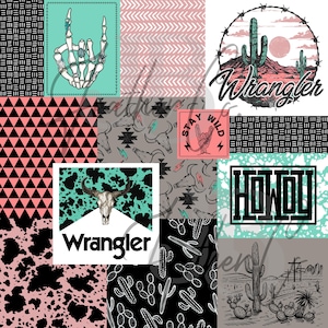 Peut inclure: Un collage numérique présentant divers motifs et designs, notamment un crâne avec des bois, des cactus et le mot "Wrangler". Le collage est de style patchwork avec un mélange de couleurs noir, blanc, rose et turquoise.