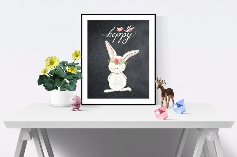 Happy Bunny Chalkboard Printable Art Easter Digital file Etsy