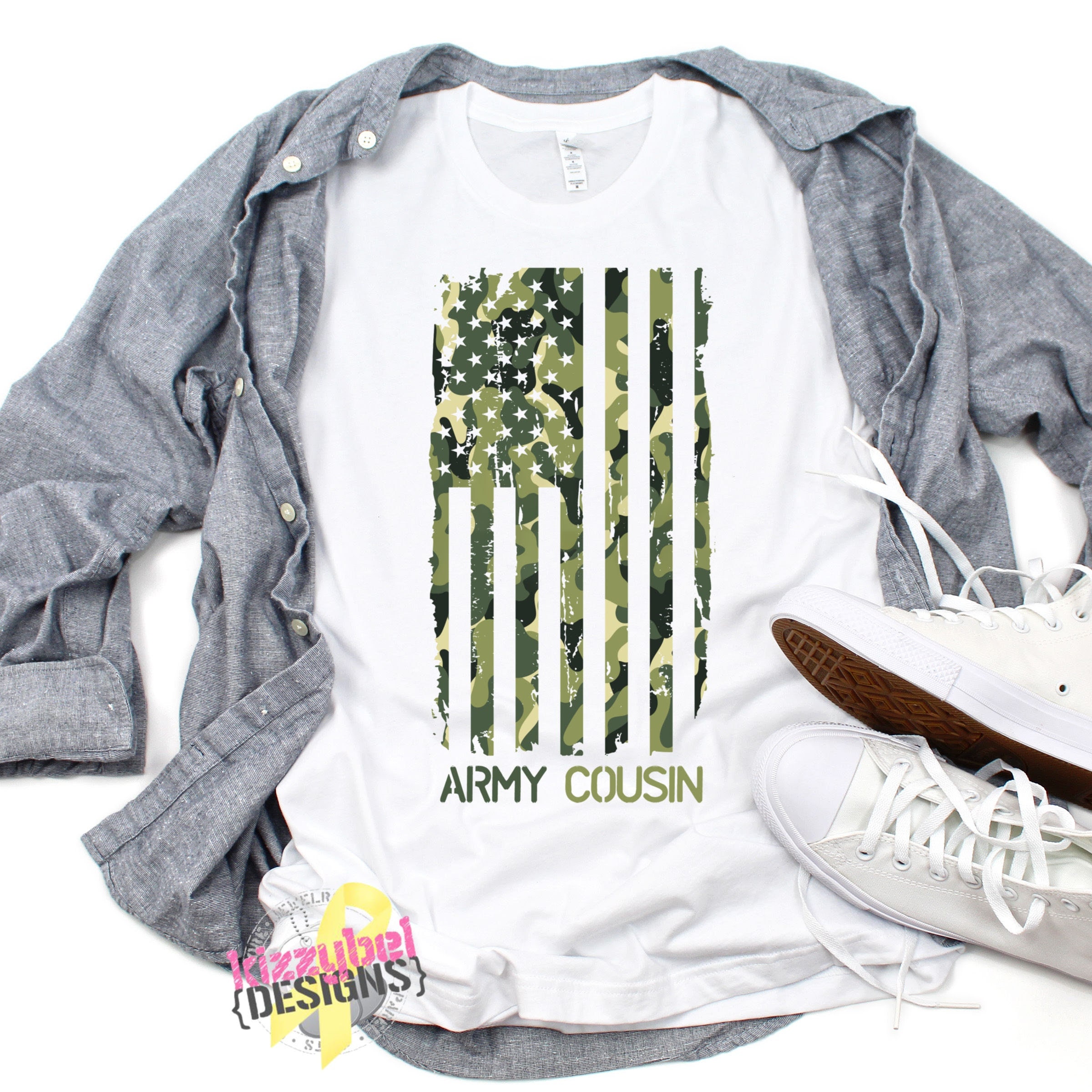 Camo Flag Army Cousin Shirt White 