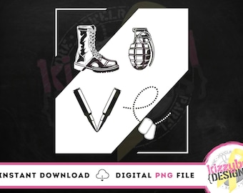 US Military PNG File, Digital Download, Digital Clipart, Sublimation Design, DTG Printing, Armed Forces, Boots, Grenade, Bullets, Dog Tags