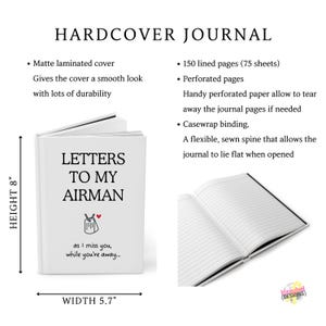 Op de afbeelding: Witte hardcover journal met de titel "Brieven aan mijn vlieger" en een kleine afbeelding van een rood hart en een hondenpenning. Het journal is 20,3 cm hoog en 14,5 cm breed en heeft 150 gelinieerde pagina's.