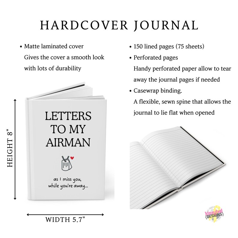 Op de afbeelding: Witte hardcover journal met de titel "Brieven aan mijn vlieger" en een kleine afbeelding van een rood hart en een hondenpenning. Het journal is 20,3 cm hoog en 14,5 cm breed en heeft 150 gelinieerde pagina's.