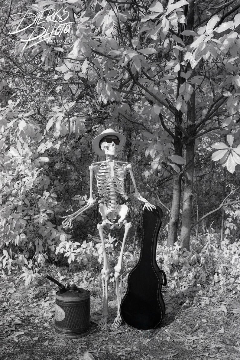 Skeleton Hitchhiker With Thumb Out, Skeleton on the Road, Halloween