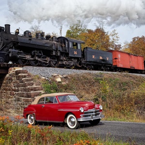 East Broad Top Railroad Steam Freight Train Photo, 1949 Plymouth Convertible, Railroad Gift, Train Room Photo, EBT RR Vintage Steam Loco